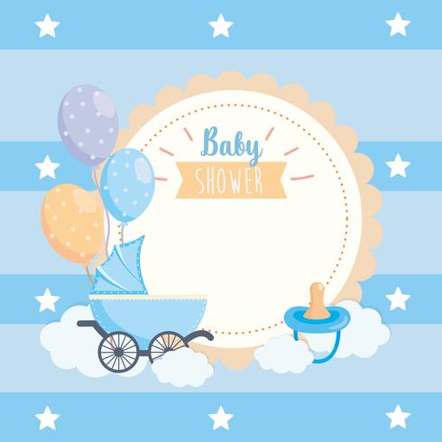 Babypartyaufkleber mit Wagen, Friedensstifter und Ballonen vektor