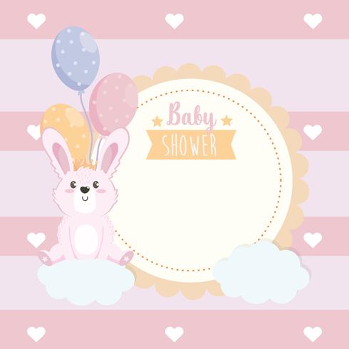 Baby showeretikett med kanin med ballonger vektor