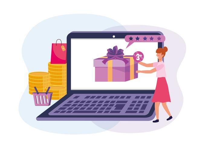 Frau mit Laptop online kaufend für Geschenk vektor