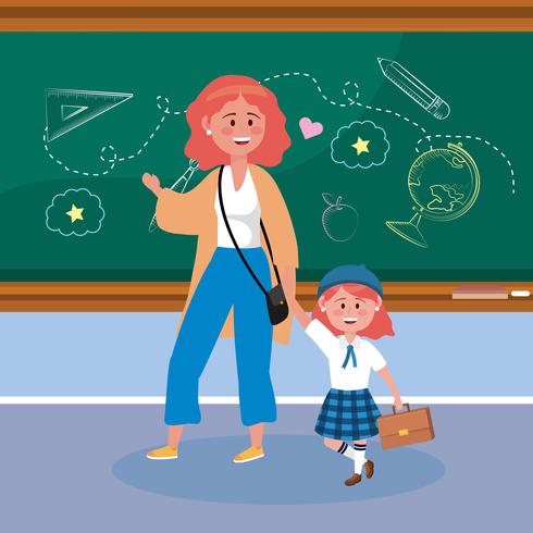 Moder- och flickastudent med rött hår i klassrummet vektor