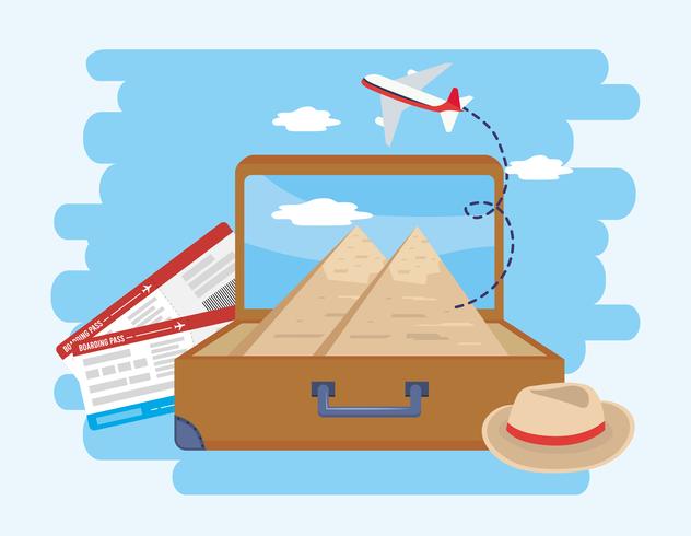 Resväska med egyptiska pyramider och flygbiljetter vektor