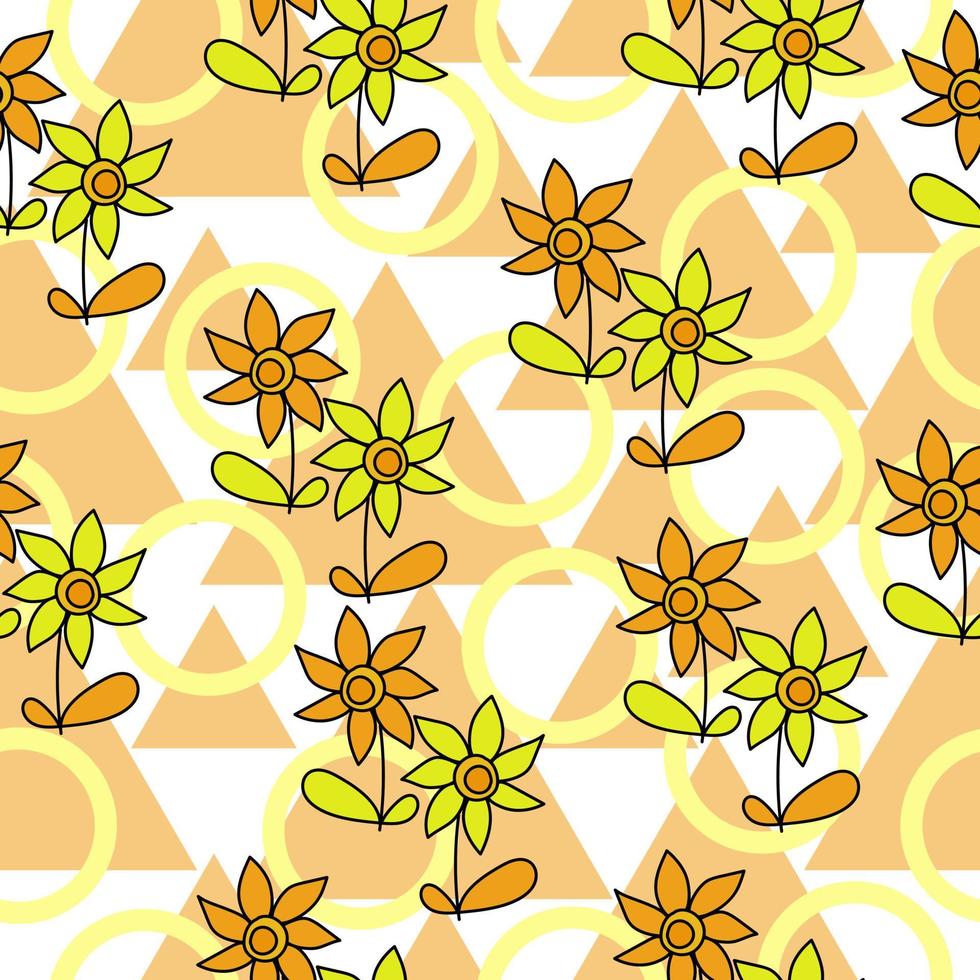 Nahtloses Muster aus gelb-orangen Blumen und geometrischen Formen auf weißem Hintergrund vektor