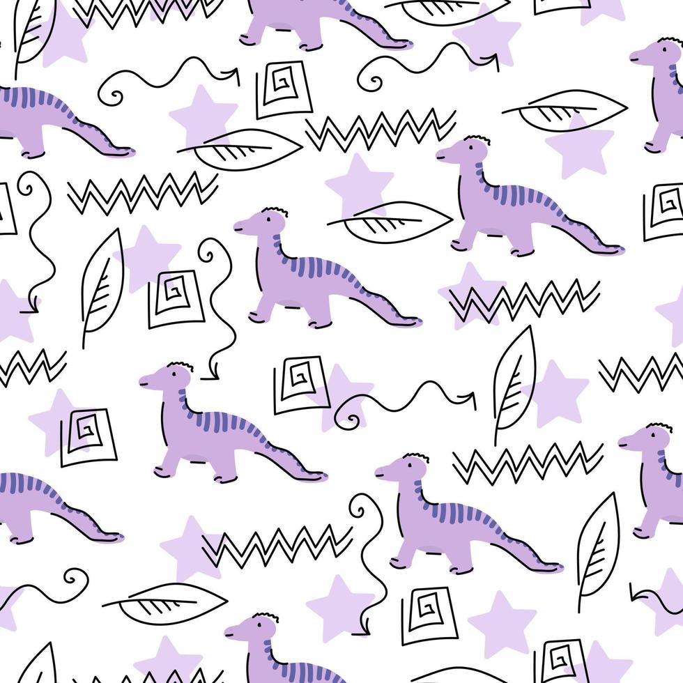 söta mönster med dinosaurier och linjära doodles, tecknade djur i lila på en vit bakgrund vektor