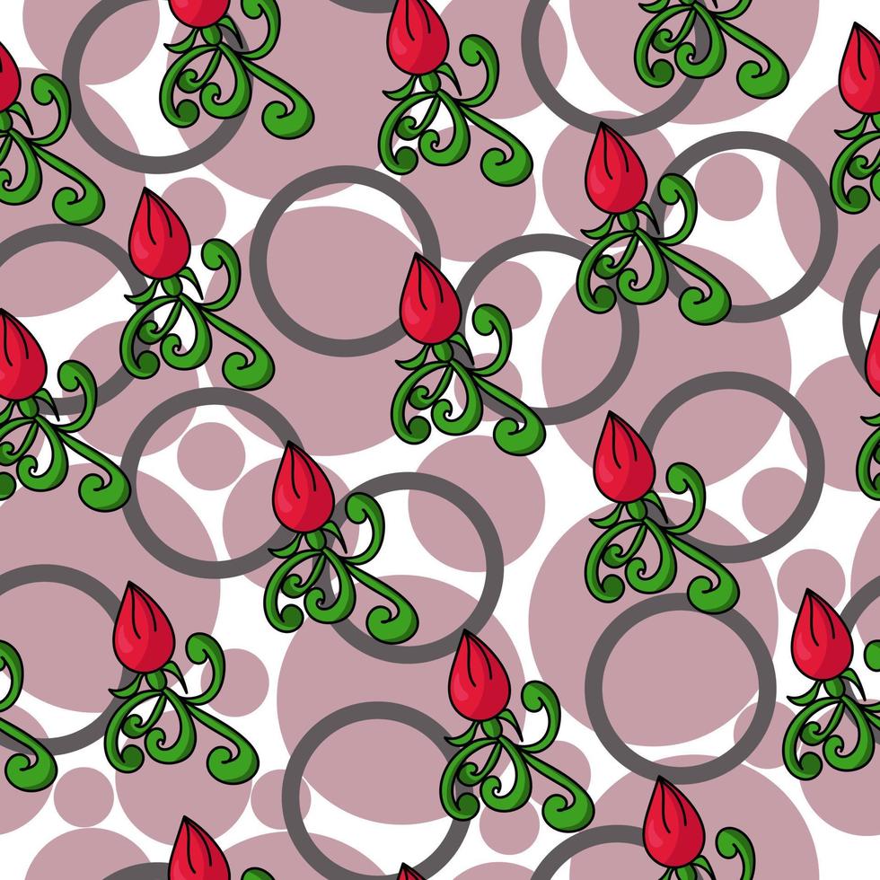 rote Rosenknospen mit nahtlosem Muster der Gekritzelblätter, Blumen und verschiedenen grauen Kreisen auf einem weißen Hintergrund vektor