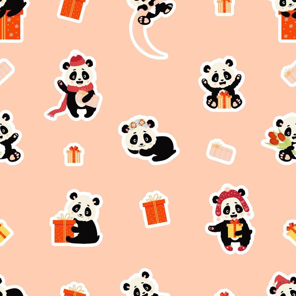 Nahtloses Muster mit Panda-Zeichen. süßer panda im winterhut mit geschenken, auf dem mond und mit tulpenstrauß auf rosa hintergrund mit geschenkboxen. Vektor-Illustration. Kinderkollektion für Design vektor