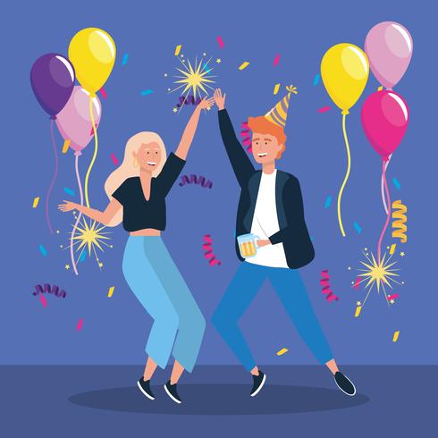Man och kvinna som dansar med ballonger och konfetti vektor
