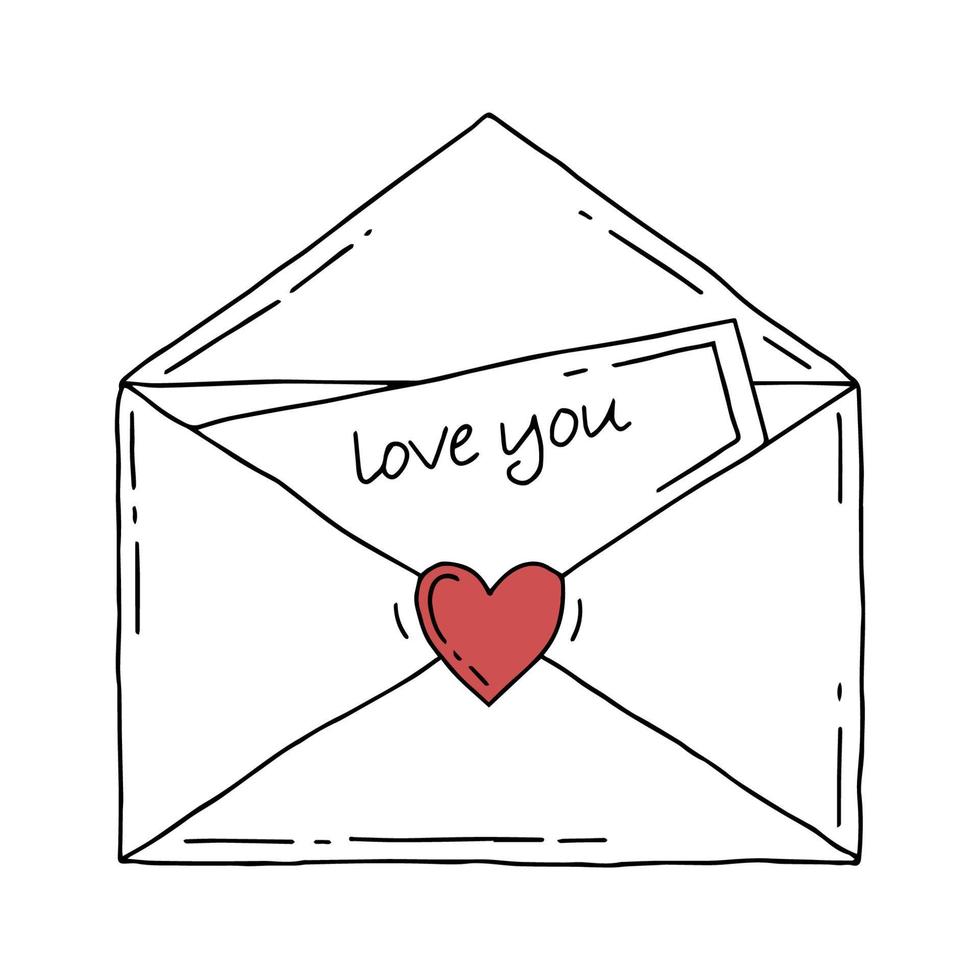 Brief mit Herz und der Aufschrift love you. Mail im Doodle-Stil. Valentinstag. Vektor-Illustration. vektor