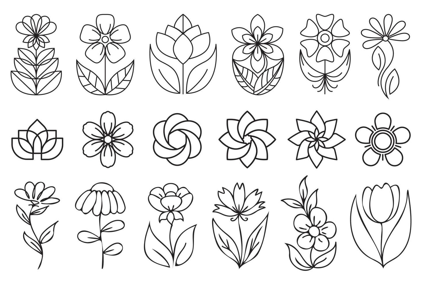 skizzieren Sie florale Symbole. Reihe von Umrissblumensymbolen mit schwarzer dünner Linie isoliert auf weißem Hintergrund. linie kunstblumenillustration, einfache geometrische symbole, abstrakte blütenblattzeichen. vektor