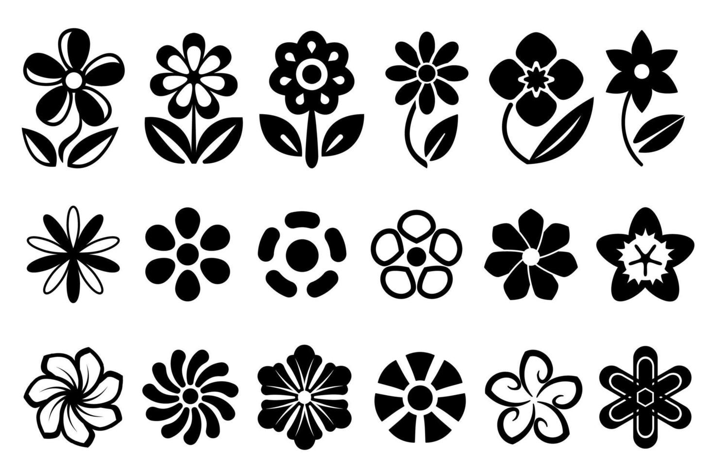 uppsättning av blommiga element, svarta platta blommor isolerad på vit bakgrund. abstrakt blomma ikoner, stiliserad blomsterdekoration. platta blommönster för att skapa logotyper, inbjudningar, mönster, vykort, vektor