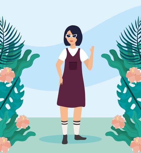 Junge asiatische Frauen mit Sonnenbrille mit Blumen und Pflanzen vektor