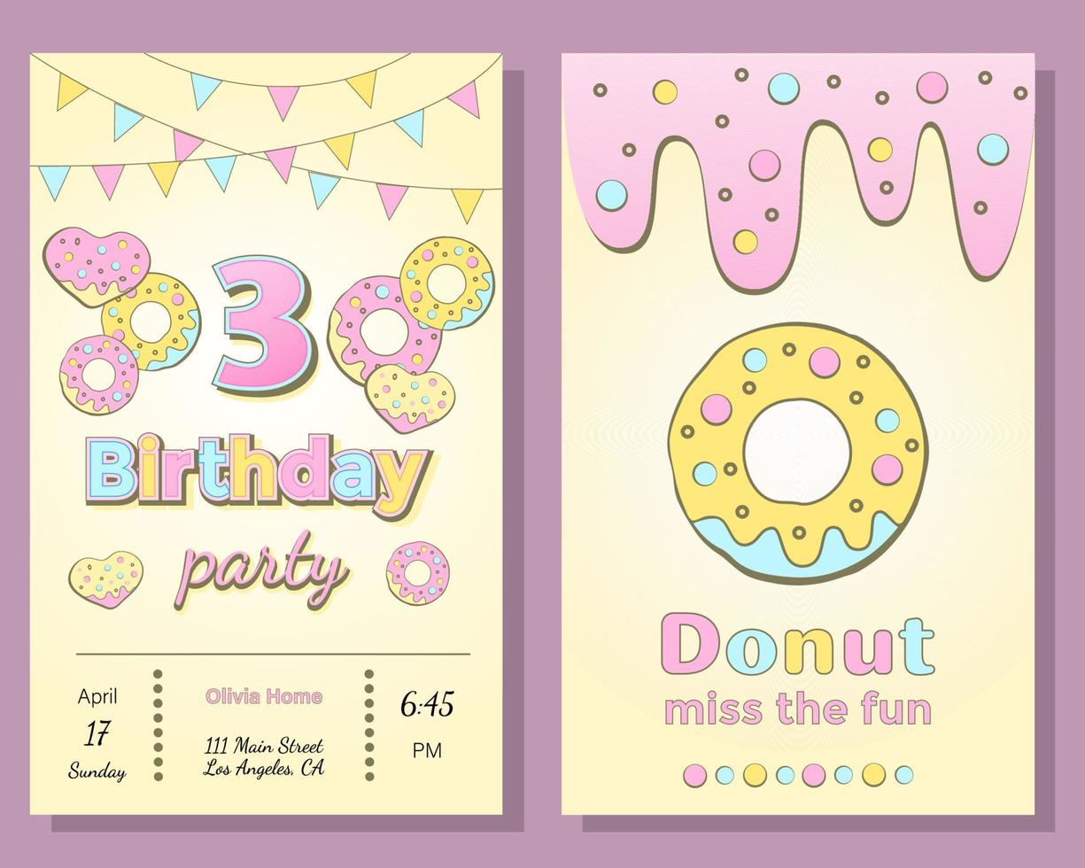 einladungskarte zur geburtstagsfeier mit donut. Vektor