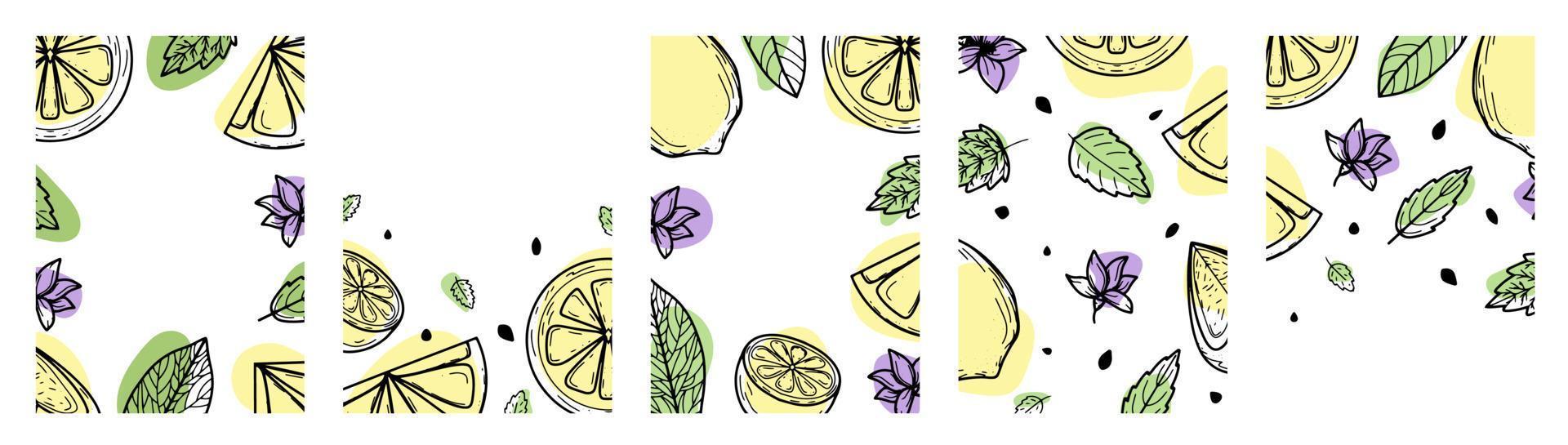 stellen sie hintergrund mit zitrone, blume, blättern ein. handgezeichnete Vektorillustration von Früchten. im Stil einer Gravur mit Farbflecken. Zitrus, botanisches Design. für Poster, Drucke, Tapeten, Cover vektor