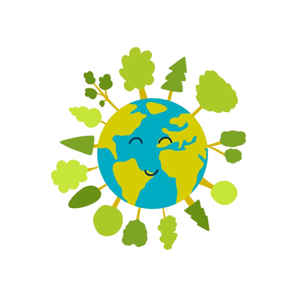 vektor illustration av jorden planet med träd runt i tecknad handritad stil. begreppet rädda planeten, jordens dag, rädda världen, ekologi och miljön