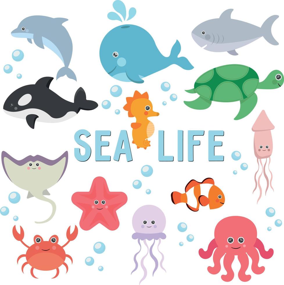 clipart sea life set med illustrationer av djur undervattensvärlden marina invånare vektor