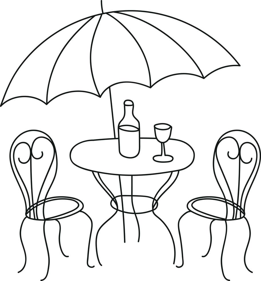 Café und zwei Flaschen Wein mit einem Glas Wein unter Regenschirm im Doodle-Stil vektor