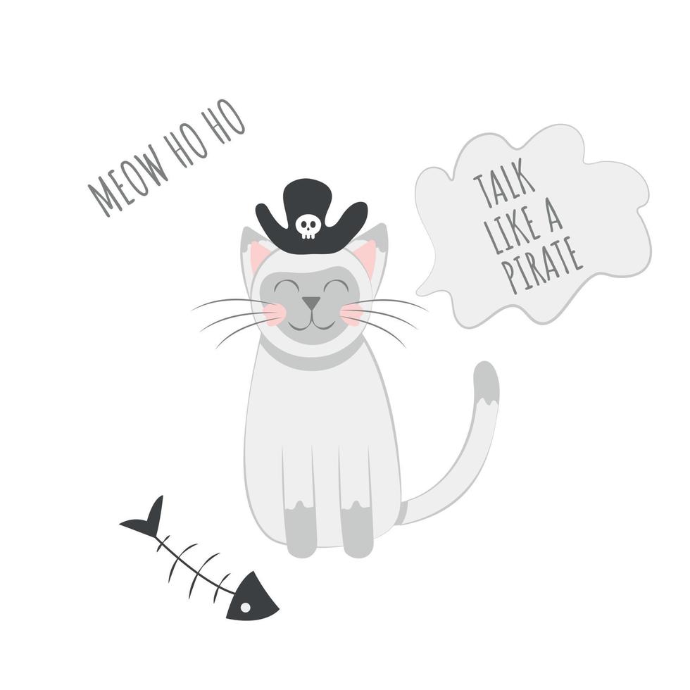 Die süße Katze, die einen Piratenhut neben einem Fischskelett trägt, spricht wie eine Piratentageskarte vektor