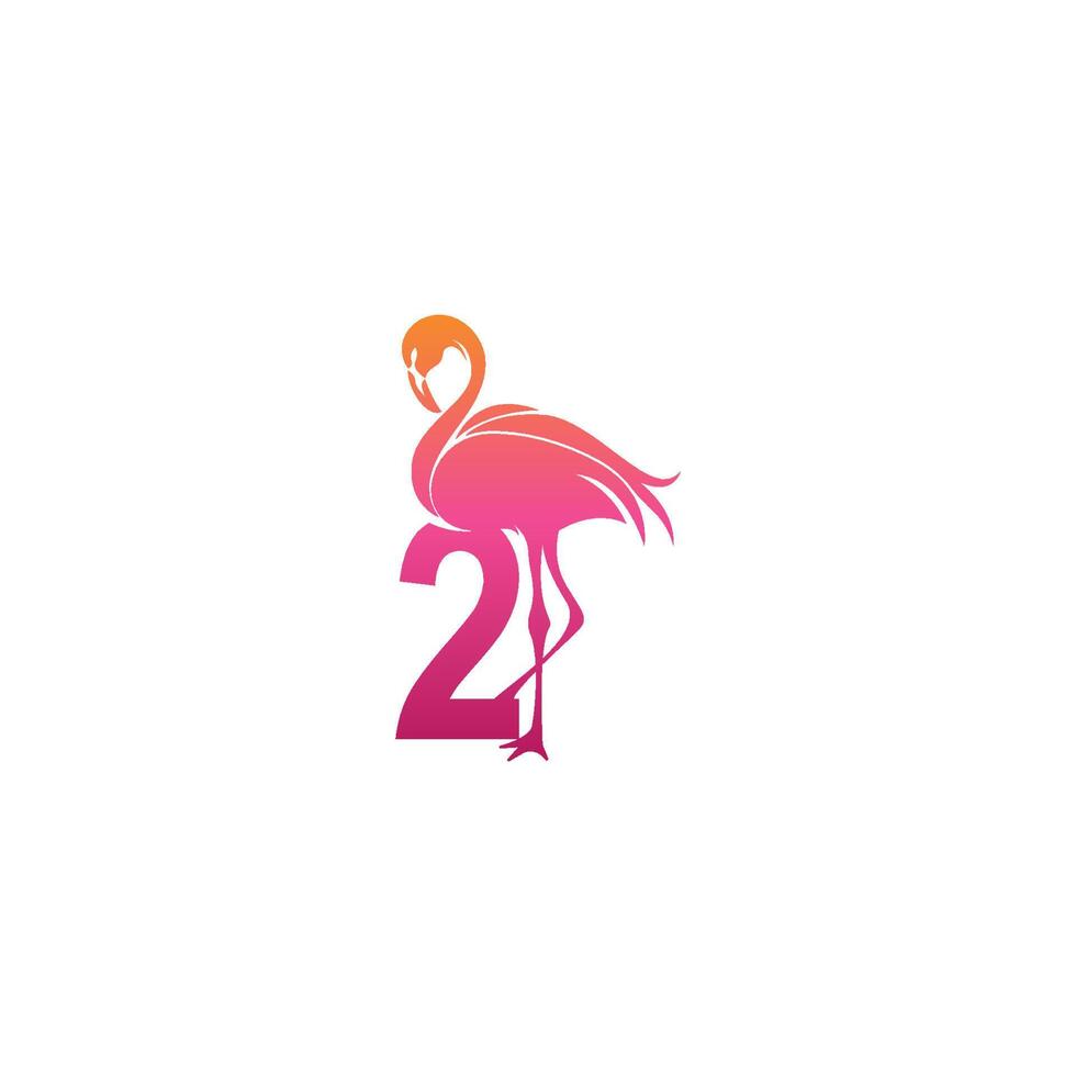 flamingo fågel ikon med nummer 2 logotyp design vektor