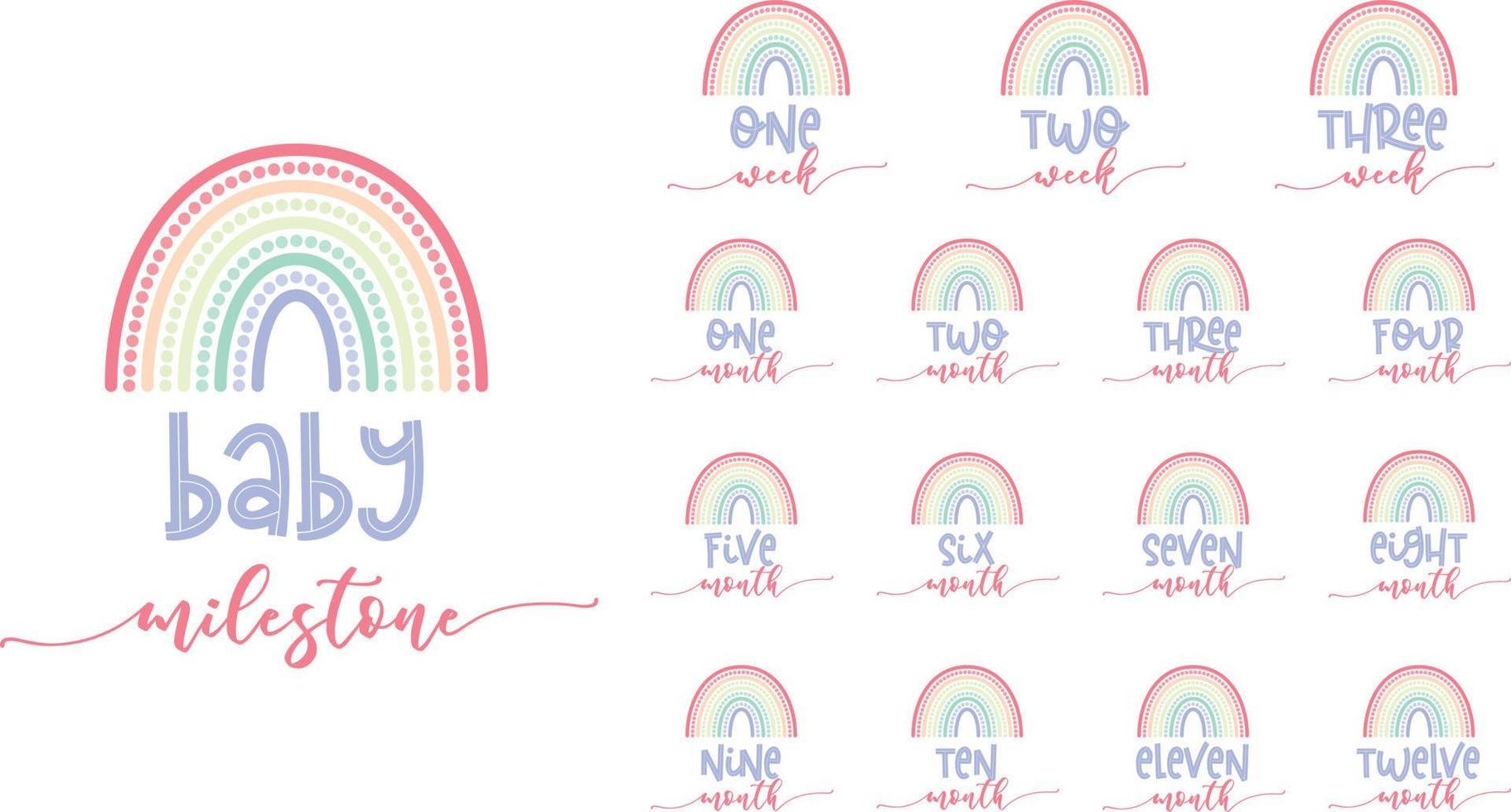 süßer Baby-Meilenstein für Mädchen oder Jungen. Kalligraphie-Schriftzug. 1-3 Wochen und 1-12 Monate. neugeborenes baby boho regenbogenkreisillustration. vektor