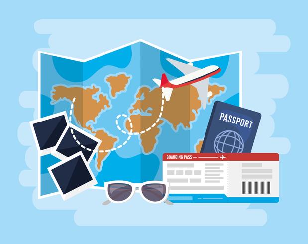 Världskarta med foton, pass, flygplan och solglasögon vektor