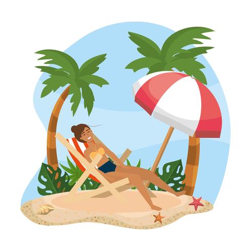 Frau, die im Strandstuhl unter Regenschirm sich entspannt vektor
