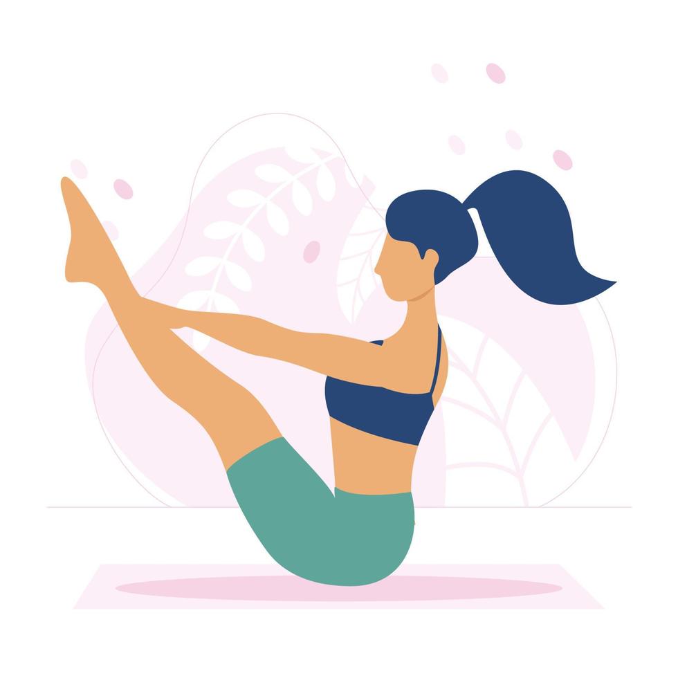 Ein Mädchen mit blauen Haaren, die zu einem Pferdeschwanz gebunden sind, schüttelt ihre Bauchmuskeln auf einer Yogamatte in sanften Shorts und einem Top. vektor