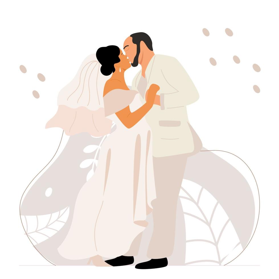 en brudgum i beige smoking kysser sin brud i en bröllopsklänning med fåll och lång slöja. vektor illustration av älskare.