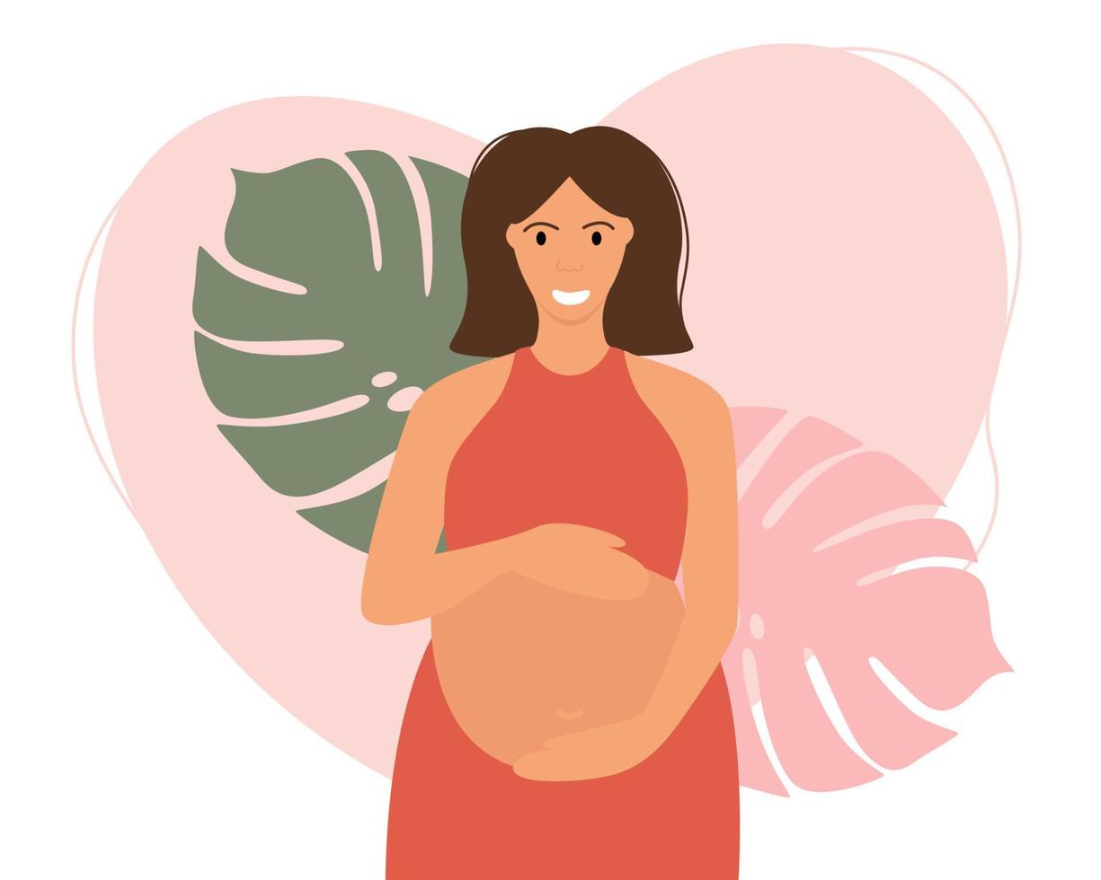 en gravid kvinna kramar sin stora nakna mage med sin baby. söt framtida mamma på en rosa bakgrund. platt vektor illustration. förlossning och moderskap.