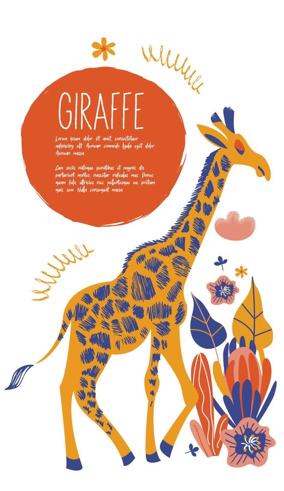 giraff och blommor. vektorillustration på en vit bakgrund med plats för text. vektor