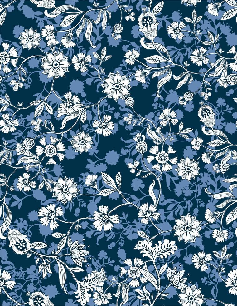 Blumenmuster im asiatischen Stil. Marineblauer Hintergrund mit Blumenteppich. Paisley-Muster mit traditionellem Stil, Design für Dekoration und Textilien vektor