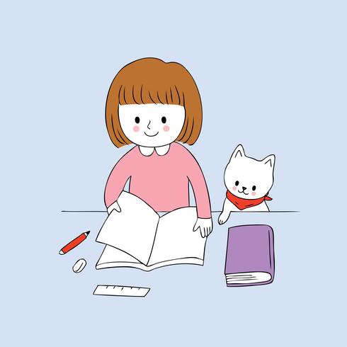 liten flicka som läser en bok och en katt vektor