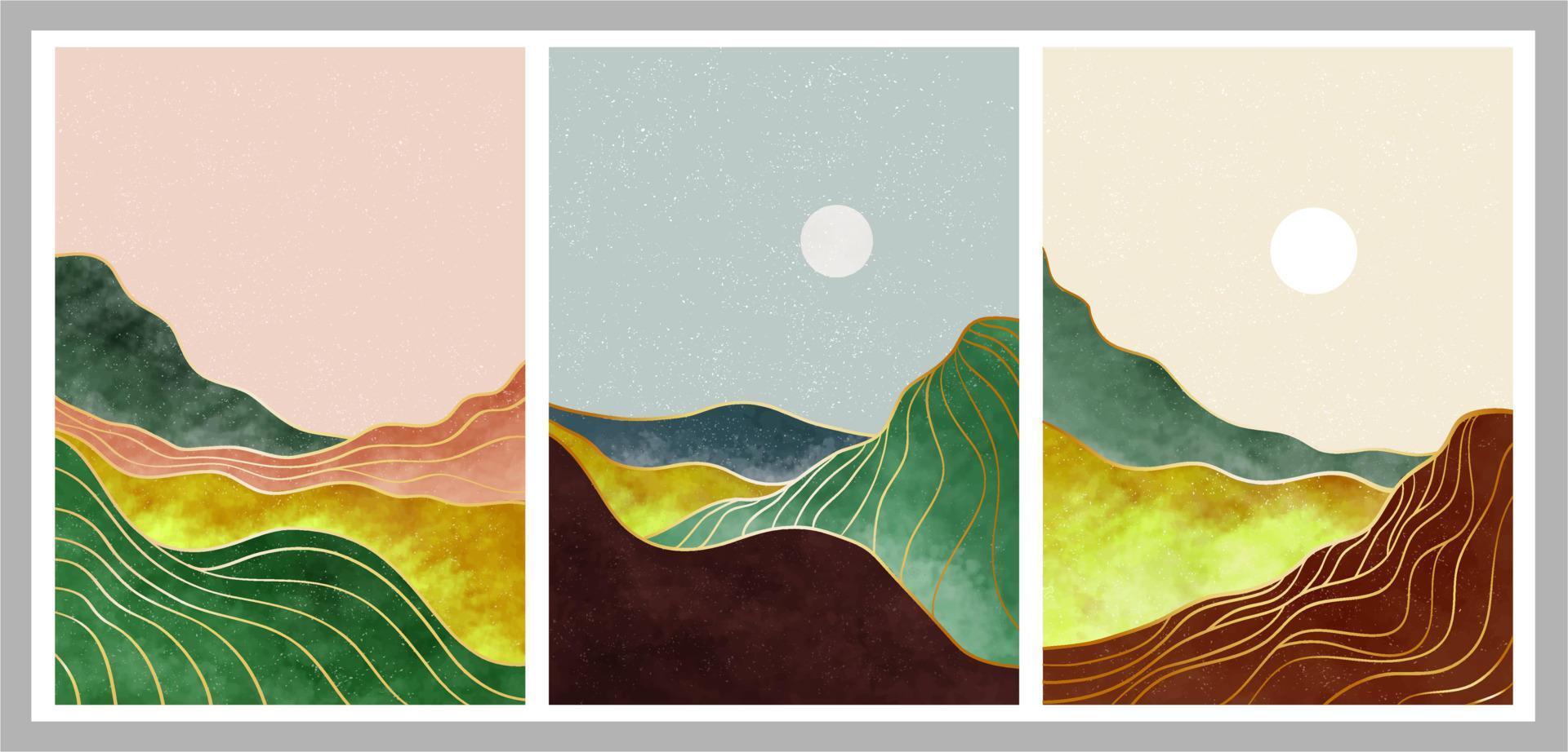 uppsättning kreativa minimalistiska handmålade illustrationer av mitten av århundradets moderna. naturliga abstrakt landskap bakgrund. berg, skog, hav, himmel, sol och flod vektor