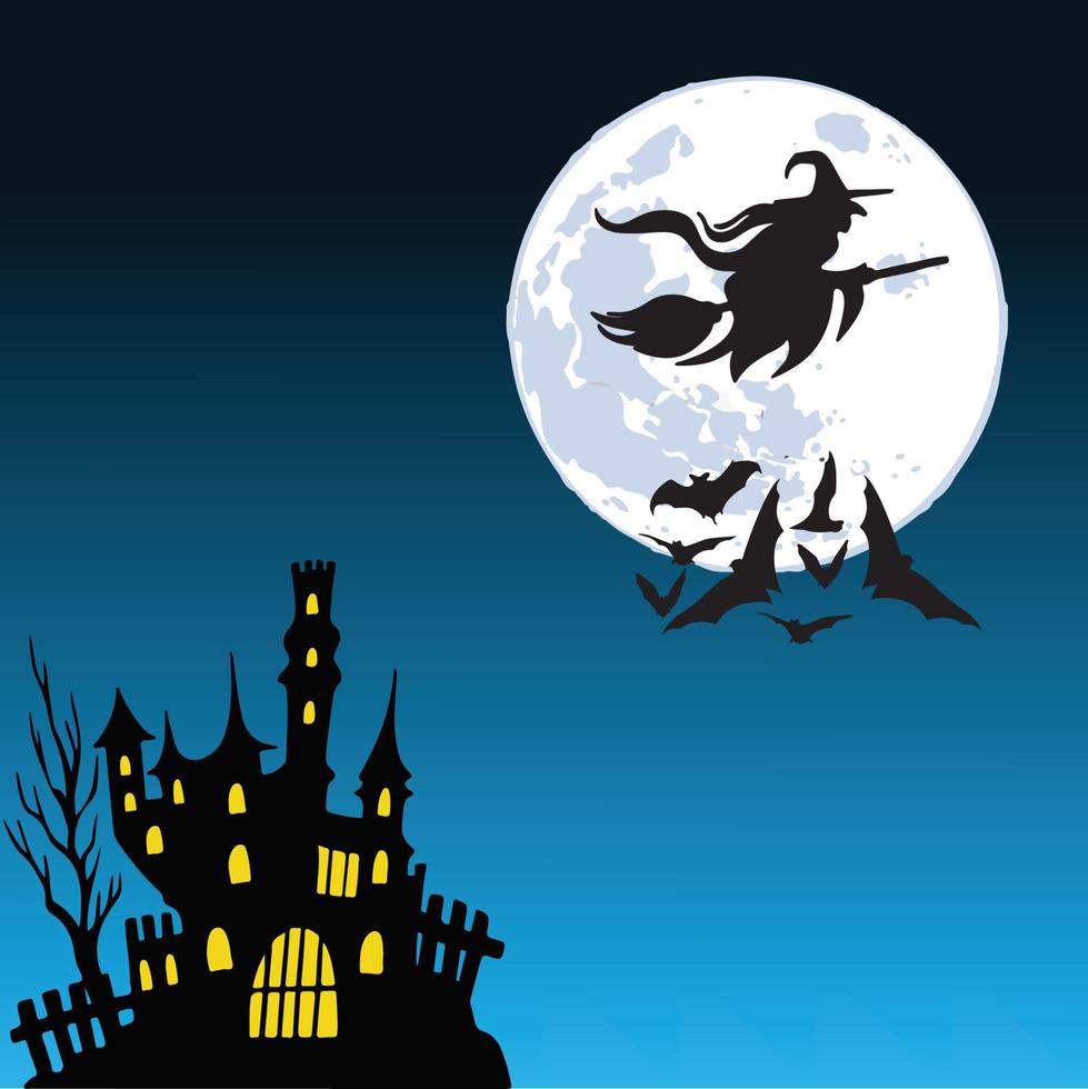 halloween bakgrund med häxa, slott och fladdermöss vektor