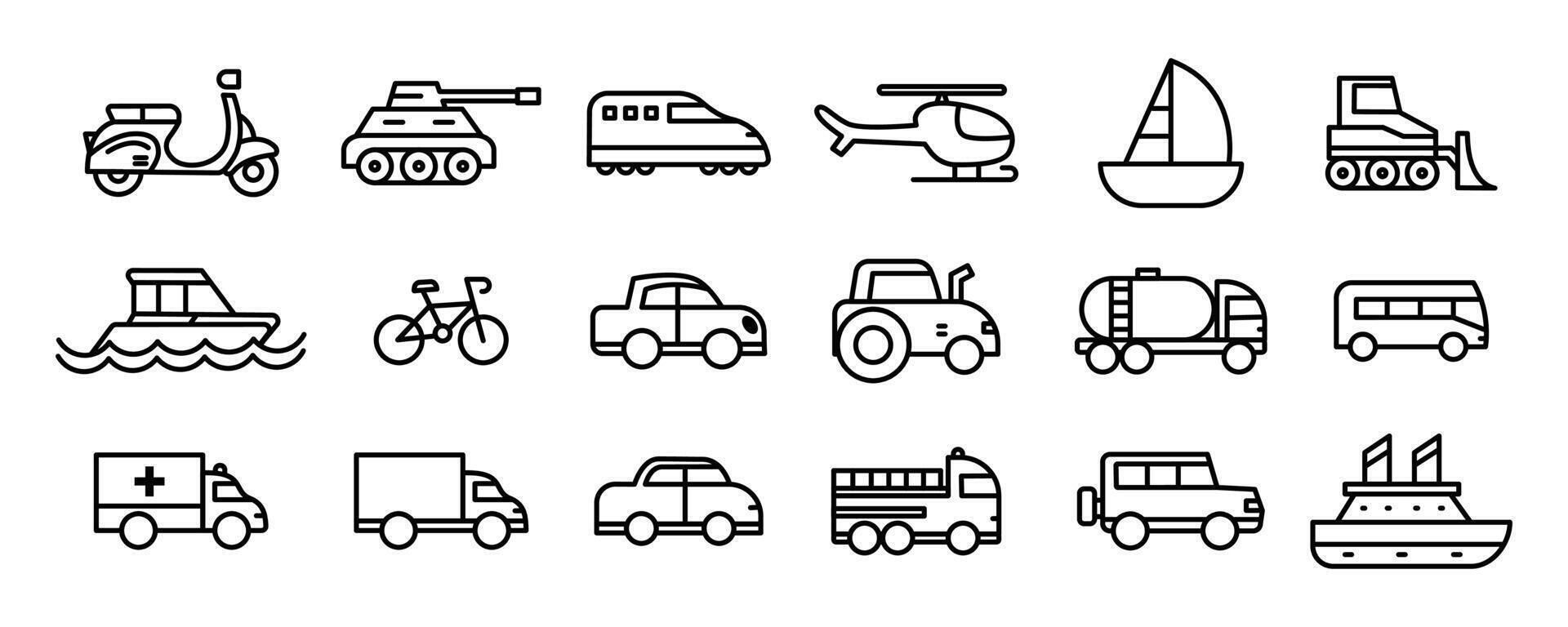 satz des modernen transportikonendesigns. einfache öffentliche Verkehrsmittel im Zusammenhang mit Vektorliniensymbolen. vektor