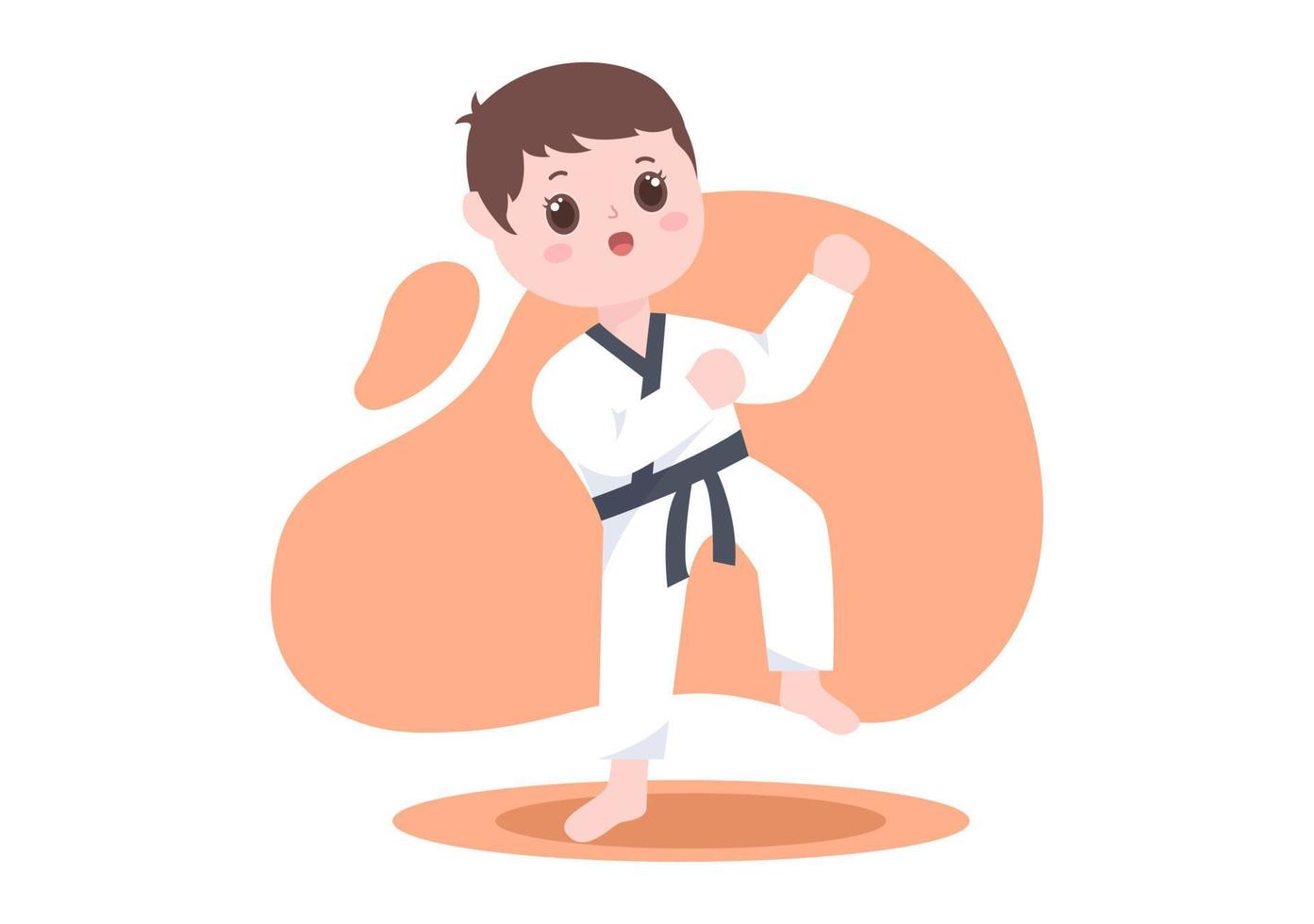 niedliche karikaturkinder, die einige grundlegende karate-kampfkunstbewegungen machen, pose kämpfen und kimono in flacher hintergrundvektorillustration tragen vektor