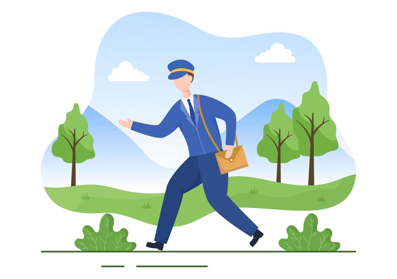 postman cartoon vector illustration trägt eine uniform, die einen rucksack mit zu sendenden briefen trägt oder umschläge in den postkasten legt