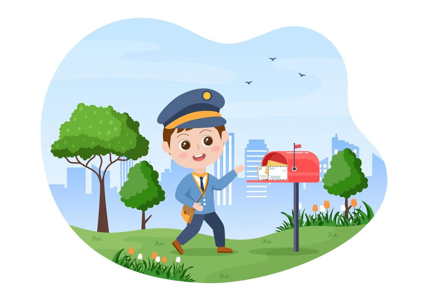 postman cartoon vector illustration trägt eine uniform, die einen rucksack mit zu sendenden briefen trägt oder umschläge in den postkasten legt