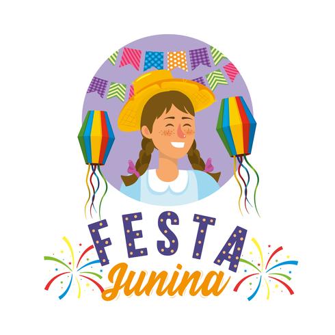 Festa Junina-Frauen-tragender Party-Hut und Laternen vektor