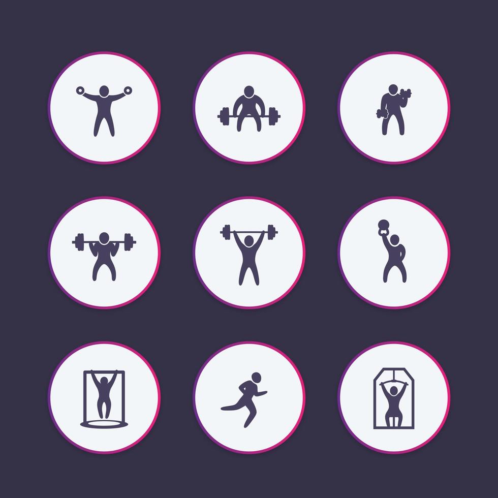 gym, fitness övningar ikoner set, träning, träning, bodybuilding vektor