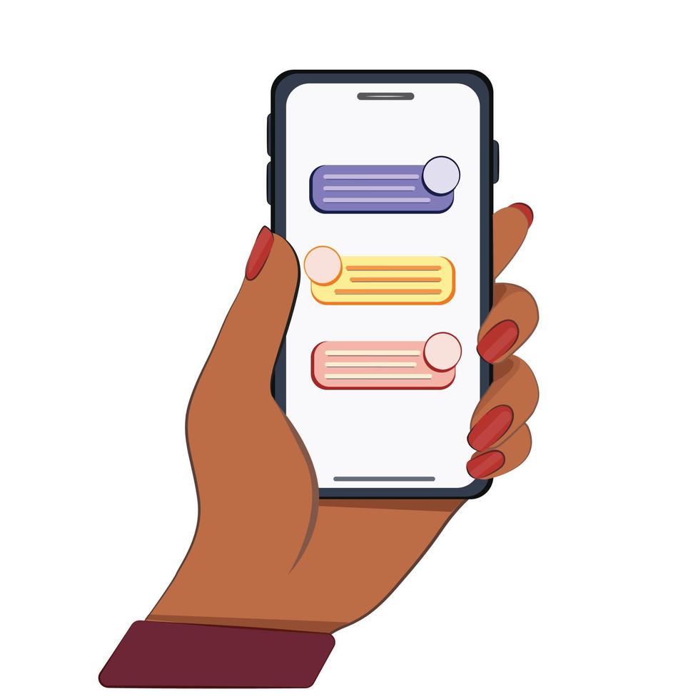 telefon smartphone i mörkhyade händer. på isolerad vit bakgrund touch telefon chatt gränssnitt. en hand med en röd manikyr håller en telefon. telefonskärm för affärschatt vektor