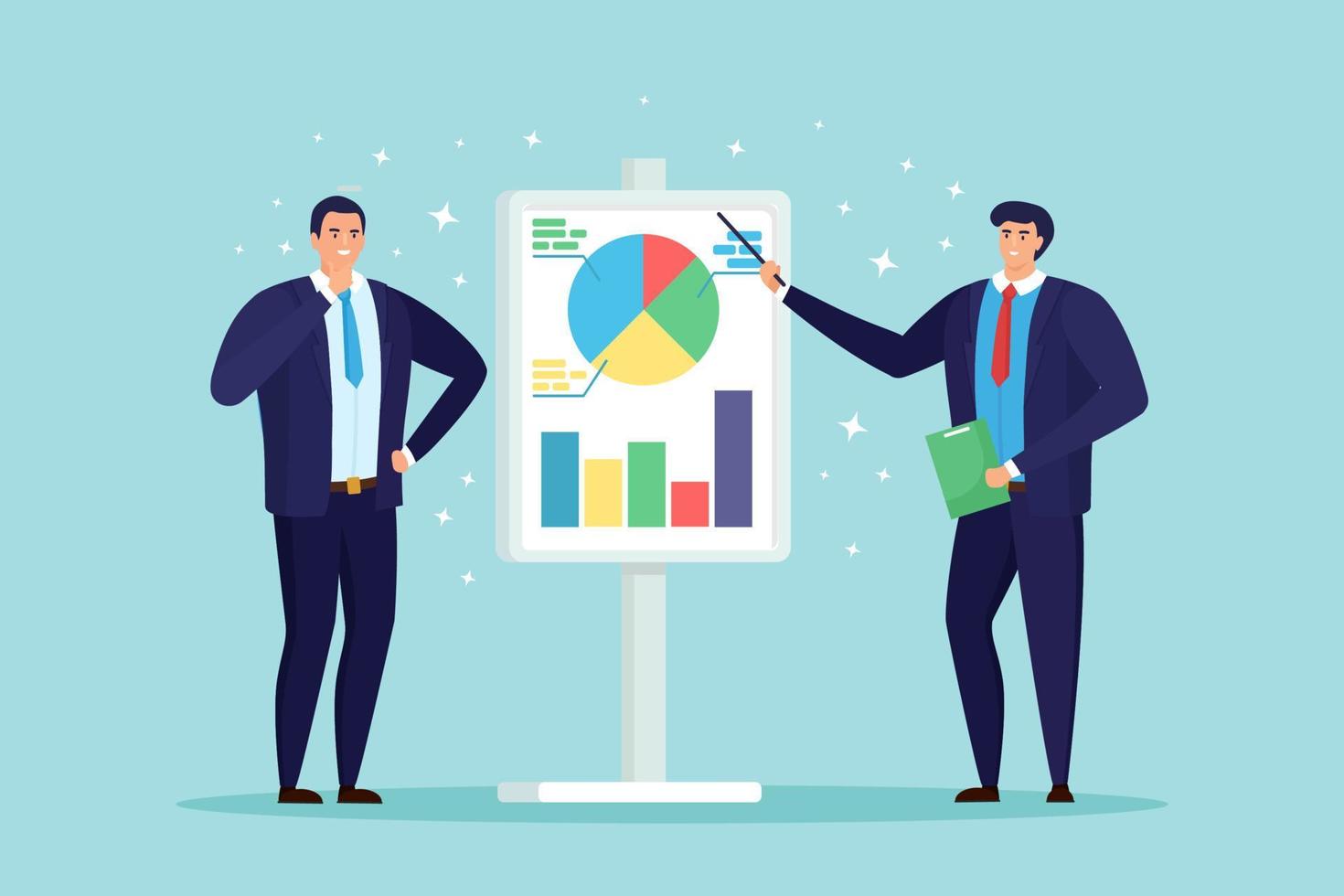 affärsman presenterar marknadsföringsprojekt på presentationsskärmen ombord som förklarar diagram. företagsseminarium. investeringar, finans och bank, strategisk förvaltning, finansiell analys, handelsutbyte vektor