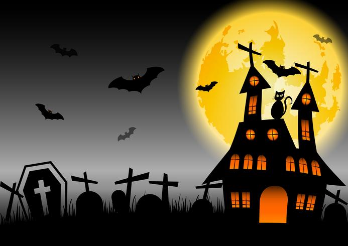 Hjärtat Halloween-hus med glödande måne och kyrkogård vektor