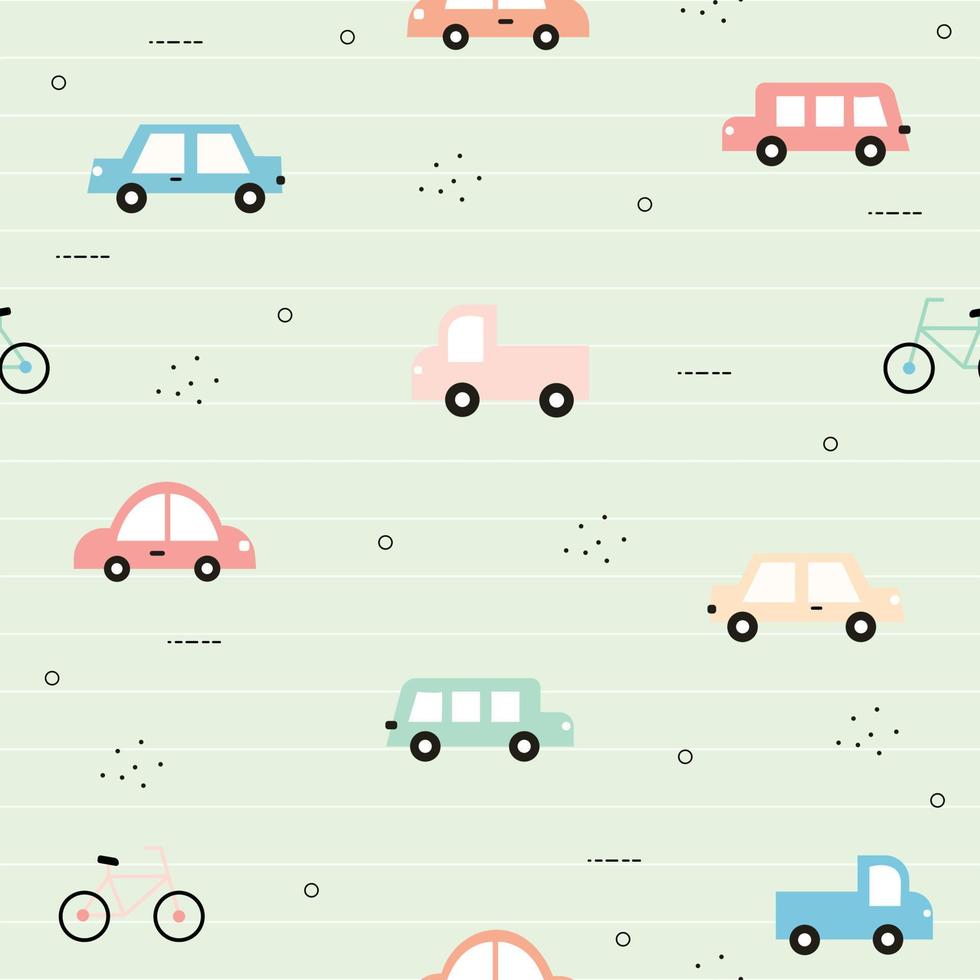 färgglad bilmönsterbakgrund och bakgrund med cyklar söta mönster för barn designidéer som används för utskrift, bakgrund, presentförpackning, babykläder, textil, vektorillustration vektor