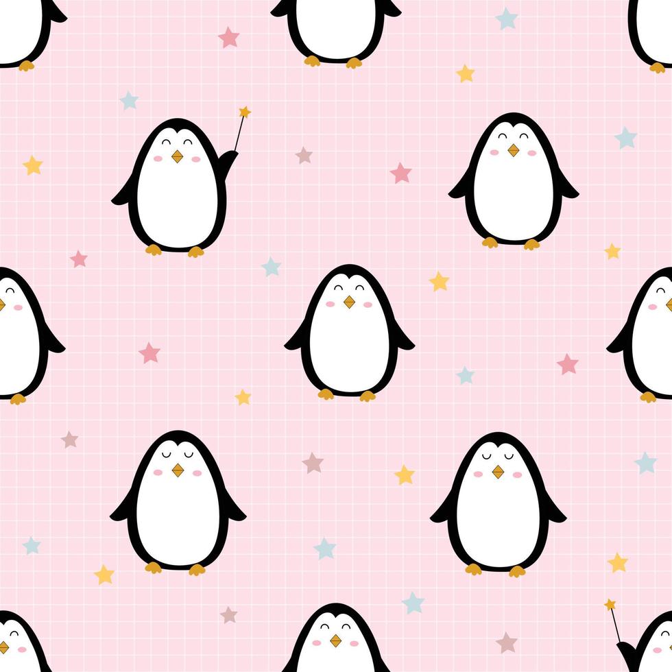 nahtlose Muster für Kinder niedlicher Pinguin-Hintergrund mit einem quadratischen Gittermuster. niedliche Cartoon-Tiercharakter-Designidee für Druck, Geschenkverpackung, Kinderbekleidung, Textilien, Vektorbilder vektor