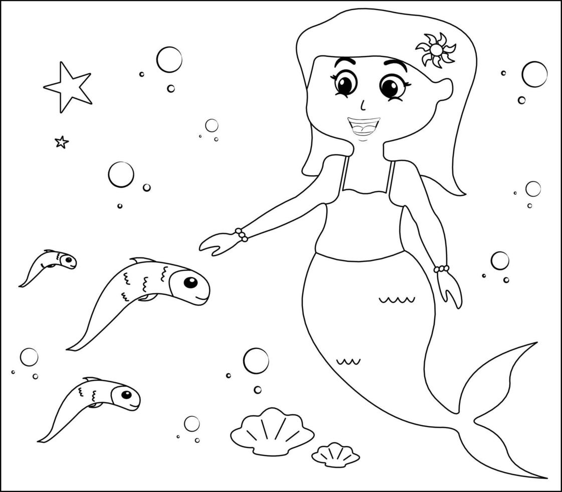 Meerjungfrau Malseite 13, süße Meerjungfrau mit Goldfischen, grünem Gras, Wasserblasen auf dem Hintergrund, Vektor Schwarz-Weiß-Malseite.