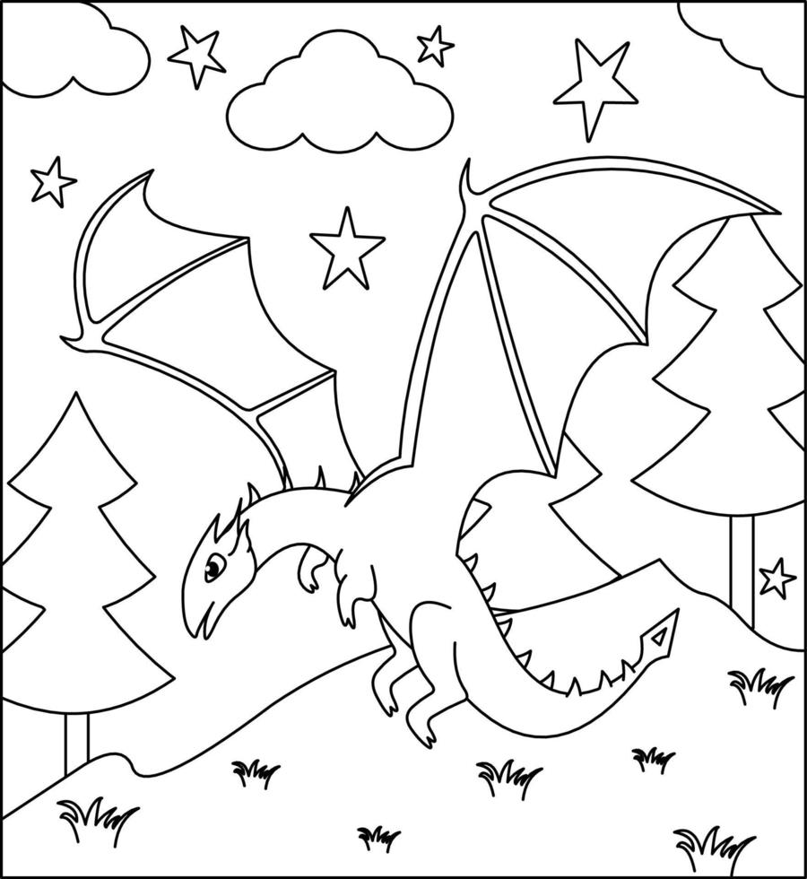 Drachen-Malseite 13. süßer Drache mit Natur, grünem Gras, Bäumen im Hintergrund, Vektor-Schwarz-Weiß-Malseite. vektor