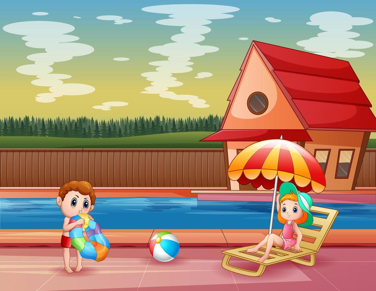 Fröhlicher Junge und Mädchen, die in einem Resort am Pool spielen vektor