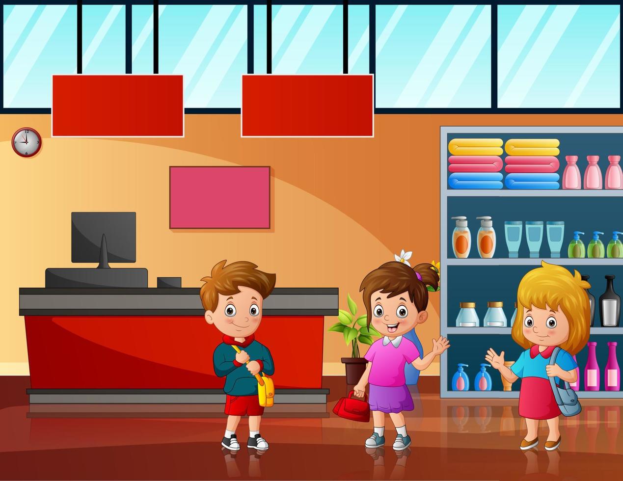 tecknad film tre av barn i stormarknaden illustration vektor
