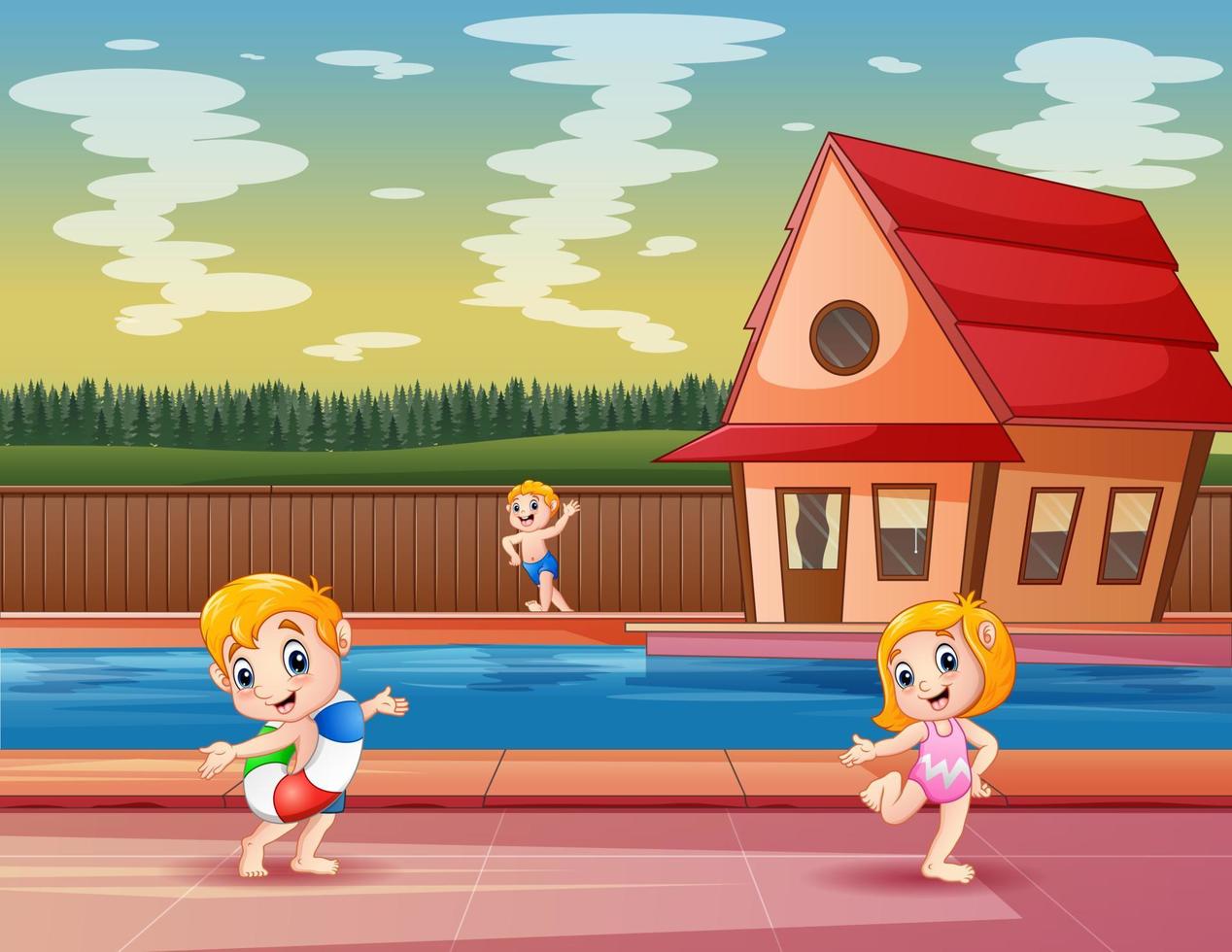 glada barn som leker vid poolen på en resort eller hotell vektor