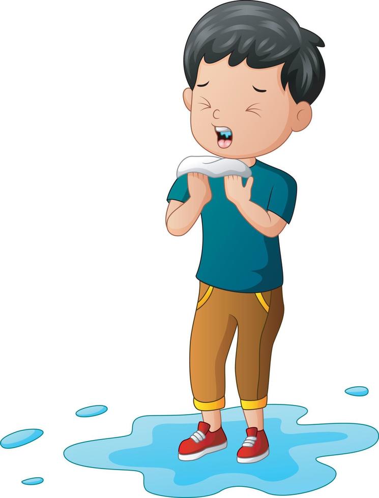 In der Regenzeit erkrankte ein Junge an Grippe und Niesen vektor