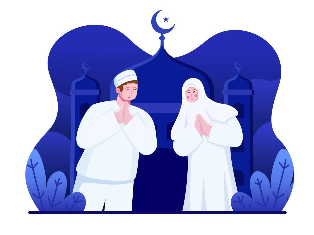 muslimska människor hälsar glad eid al-fitr och förlåter varandra. eid mubarak religionstradition. människor firar eid al-fitr. kan användas för gratulationskort, vykort, webb, animation, etc vektor